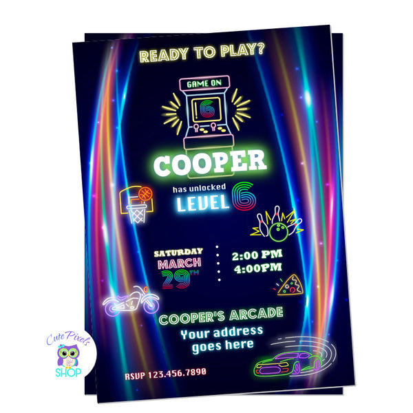 Arcade Invitations in a neon design with arcade games, cars, bikes, bowling and pizza, perfect for an Arcade party