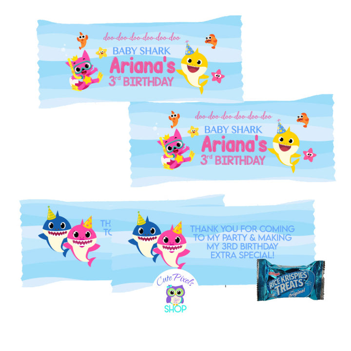 Baby Shark Rice Krispies Labels in blue waves background and with all Baby shark characters. To decorate and give as party favors.