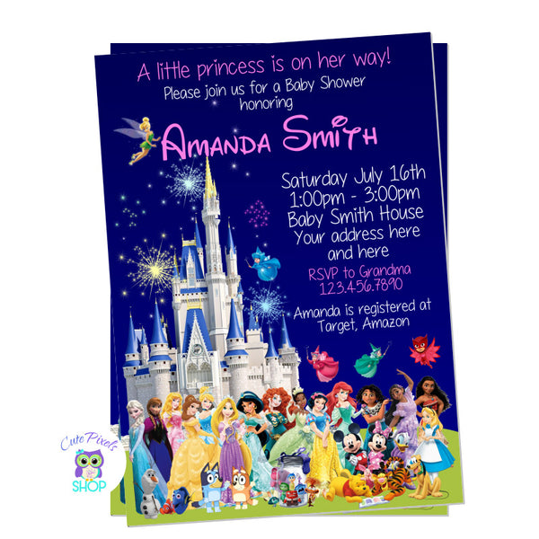 Disney Characters and Castle Baby Shower Invitation for Girls. Baby shower invitation with multiple Disney characters, princess and the Disney castle.