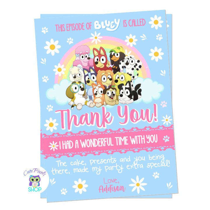 Bluey Thank You Card with blue background, a rainbow and lots of Daisy flowers. perfect for a girl Bluey Birthday.