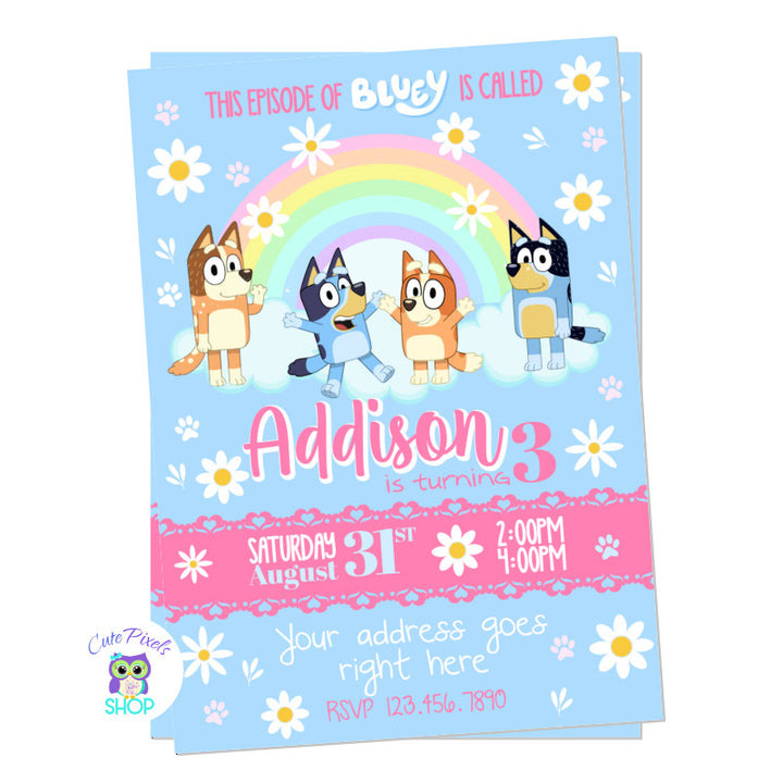 Bluey Invitation with blue background, a rainbow and lots of Daisy flowers. perfect for a girl Bluey Birthday