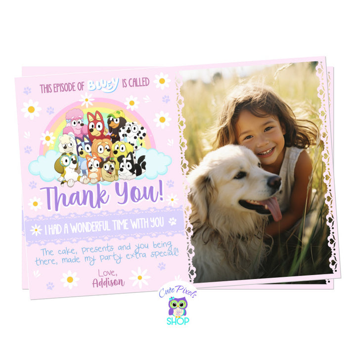 Bluey Thank You Card with pink background, a rainbow and lots of Daisy flowers. perfect for a girl Bluey Birthday. Includes child's photo