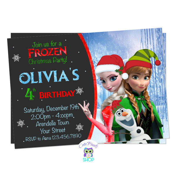 Christmas Frozen invitation with Elsa, Anna and Olaf wearing Christmas hats. Perfect to celebrate a Frozen Birthday on Christmas.