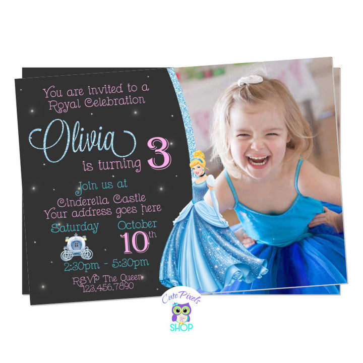 Princess Cinderella birthday invitation with the Disney Castle and Cinderella on it. Perfect for a Disney Princess Birthday. Includes Child's photo