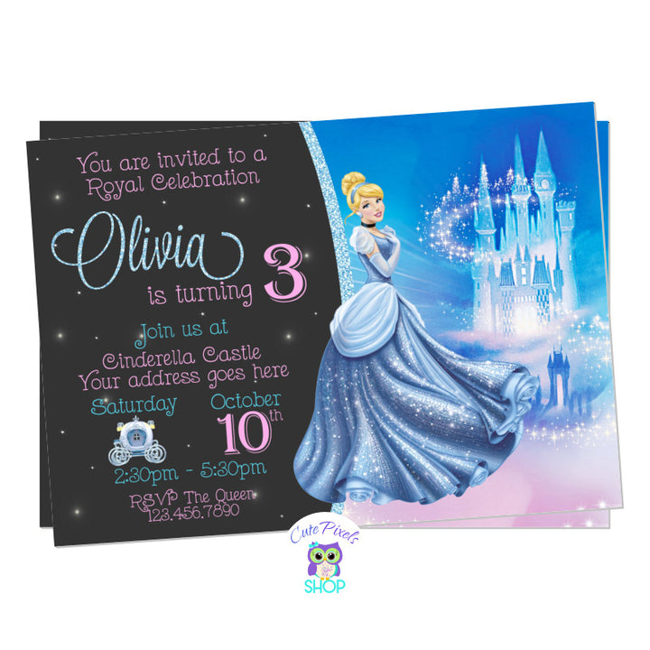 Princess Cinderella birthday invitation with the Disney Castle and Cinderella on it. Perfect for a Disney Princess Birthday.