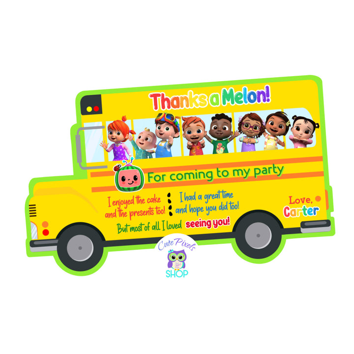 Cocomelon Bus Thank you card. Card as a bus with all Cocomelon characters perfect for a Cocomelon Birthday party. Green Design