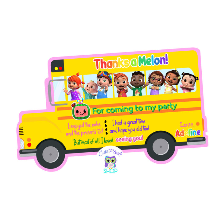 Cocomelon Bus Thank you card. Card as a bus with all Cocomelon characters perfect for a Cocomelon Birthday party. Pink Design