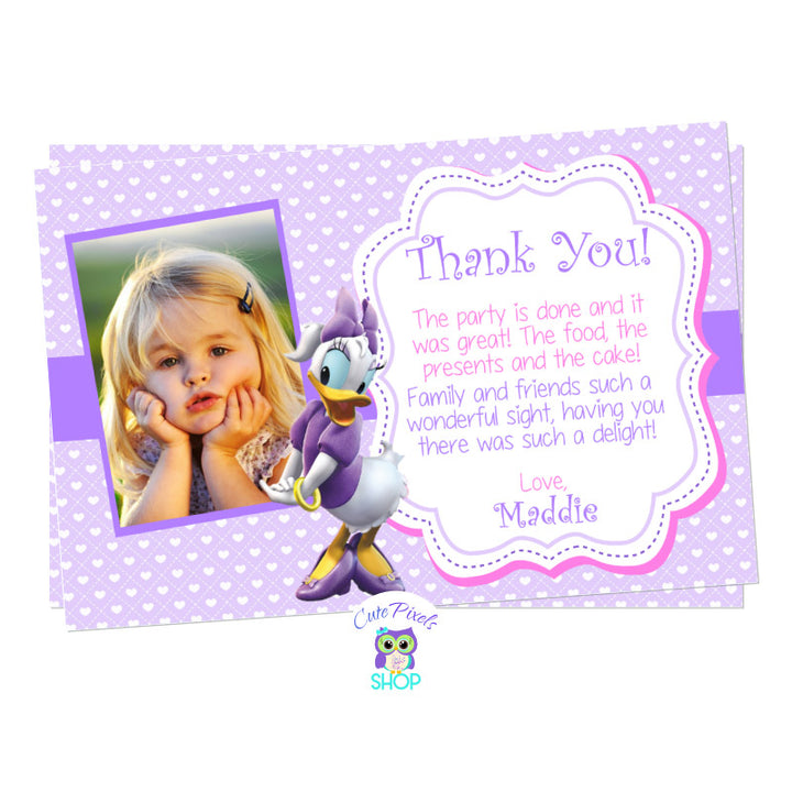 Daisy Duck thank you card with child's photo for a Daisy Duck Birthday. Daisy on a Purple background full of hearts.