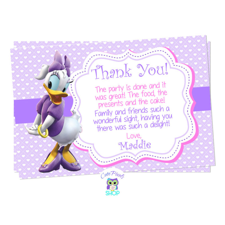 Daisy Duck thank you card on a Purple background full of hearts.