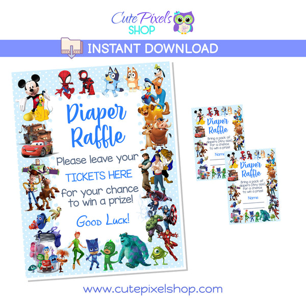 Diaper Raffle for a Disney Boy Baby shower, includes Sign and Tags with your favorite Disney Characters and a light blue backdround