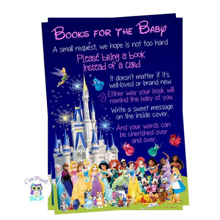 Disney Characters and Castle Baby Shower Bring a book card for girls. Bring a book instead of a card insert for your Disney baby shower invitation, full of Disney characters, princess and the Disney Castle on the back.