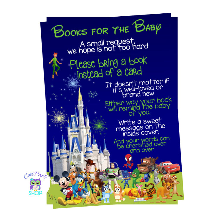 Disney Characters and Castle Baby Shower Bring a book card for Boys. Bring a book instead of a card insert for your Disney baby shower invitation, full of Disney characters and the Disney Castle on the back.