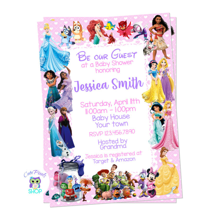 Disney Characters  Baby Shower Invitation for Girls. Baby shower invitation with multiple Disney characters and Disney princess for the little new girl. 