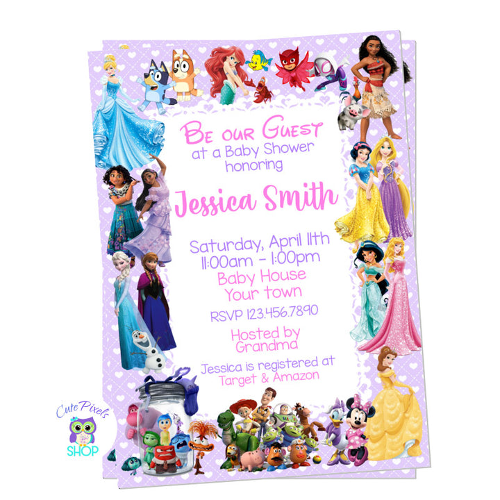 Disney Characters  Baby Shower Invitation for Girls. Baby shower invitation with multiple Disney characters and Disney princess for the little new girl. Purple Design