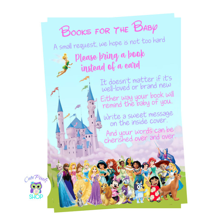 Disney characters baby shower insert for girl with lots of girly Disney characters and the Disney castle.