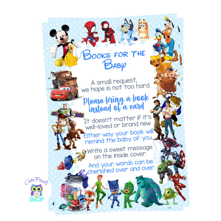 Bring a book insert to match the Baby shower boy invitation full of Disney characters