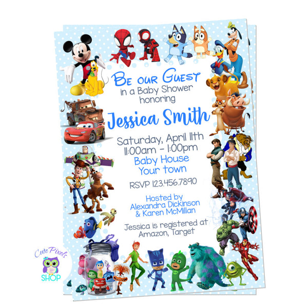 Disney Boy Baby shower invitation. Full of Disney Characters, perfect for a cute baby shower welcoming a boy.