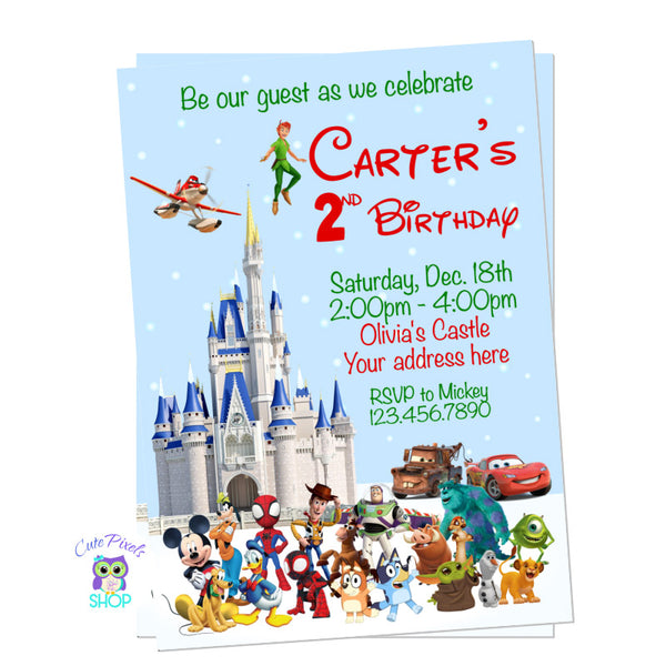 Christmas Disney Characters and Castle Birthday invitation for boys. Full of Disney Characters and the Disney Castle