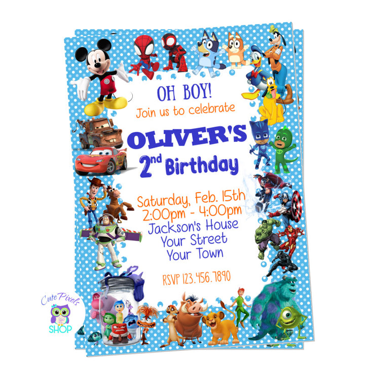 Disney Invitation for boys full of the most beloved Disney Characters for boys.