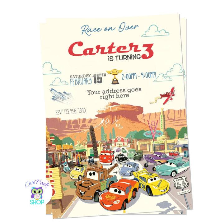 Disney Cars invitation with Lightning McQueen, Mater, Cruz and much more, perfect for a Disney Cars Party