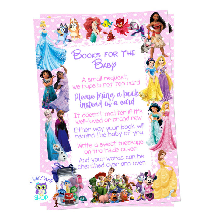 Books for the baby card for a baby shower. Disney characters card to ask for books for a baby shower. Pink design