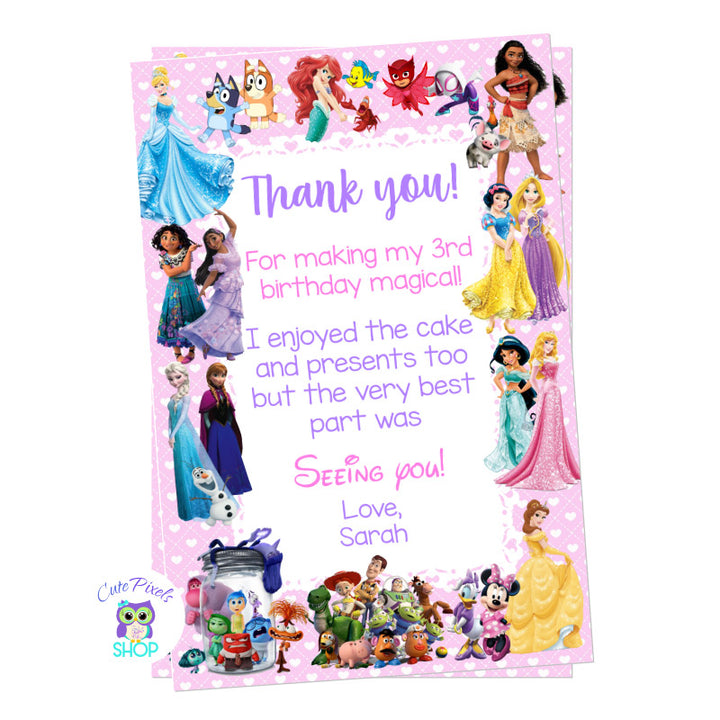 Disney Characters Thank you card with many Disney Characters for girl, Pink Background