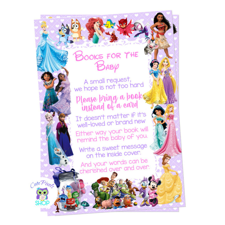 Books for the baby card for a baby shower. Disney characters card to ask for books for a baby shower. Purple design