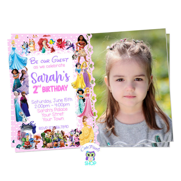 Disney characters invitation with multiple Disney Characters for girl for a perfect Disney Birthday Party. Includes child's photo