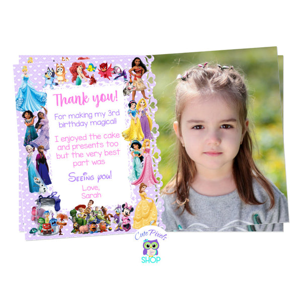 Disney characters thank you card with a purple background and lots of Disney characters that little girls love.