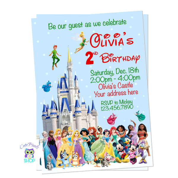 Christmas Disney Characters and Castle Birthday invitation for girls. Full of Disney Characters and the Disney Castle