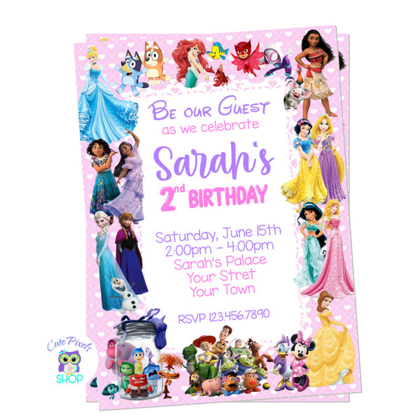 Disney characters invitation with multiple Disney Characters for girl for a perfect Disney Birthday Party.