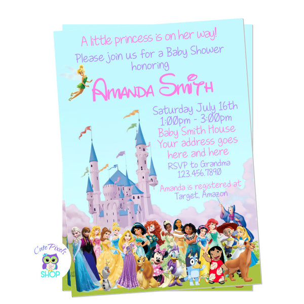 Disney characters baby shower invitation for girl with lots of girly Disney characters and the Disney castle.