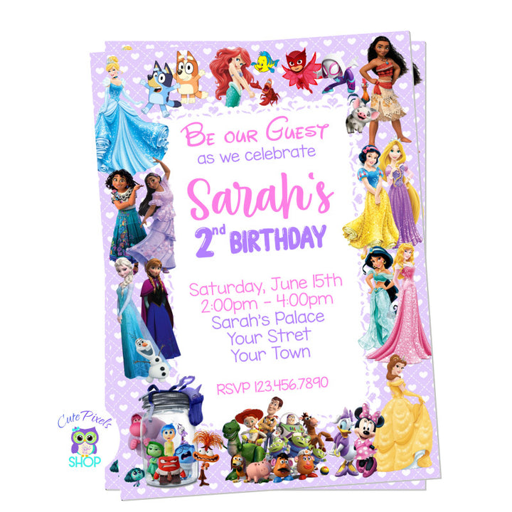 Disney characters invitation with multiple Disney Characters for girl for a perfect Disney Birthday Party. Purple background.