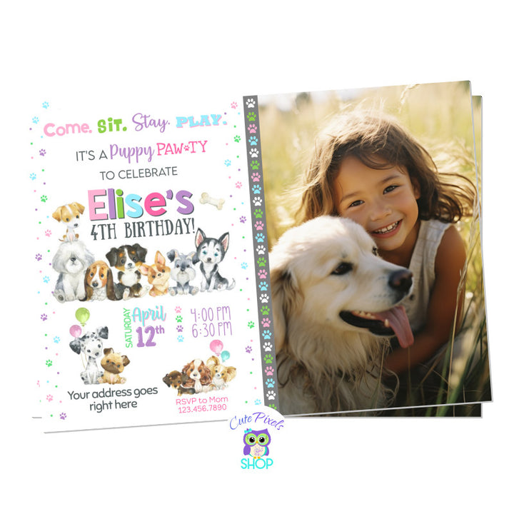 Dog invitation for girl, full of cute dogs and paws. Perfect for a puppy birthday party. Includes child's photo