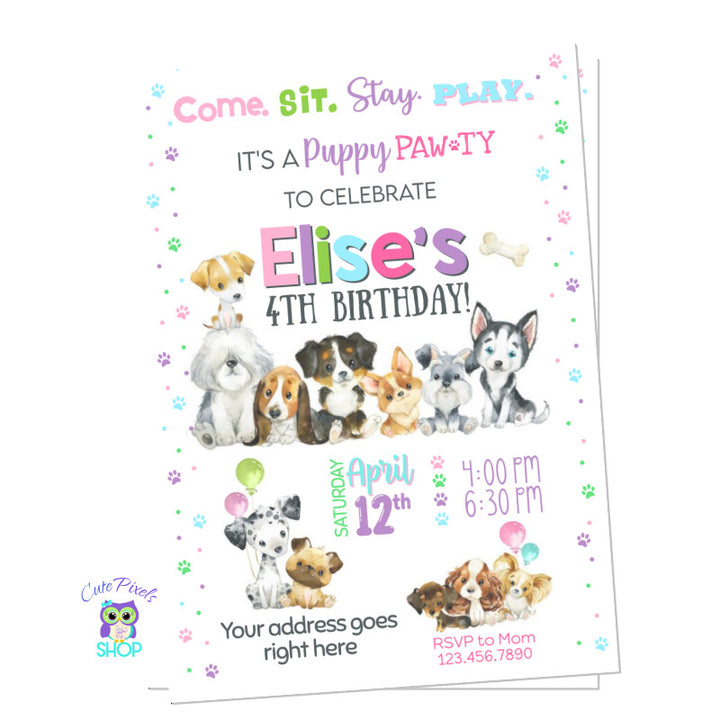 Dog invitation for girl, full of cute dogs and paws. Perfect for a puppy birthday party. 