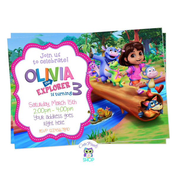 Dora the explorer birthday invitation with Dora and her friends, perfect for an explorer party!