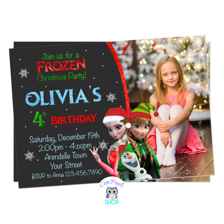 Christmas Frozen invitation with Elsa, Anna and Olaf wearing Christmas hats. Perfect to celebrate a Frozen Birthday on Christmas. Includes child's photo