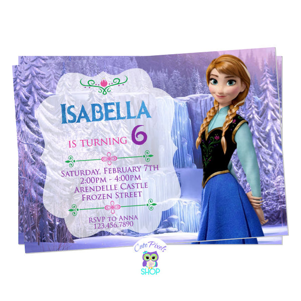 Frozen Invitation with a purple Frozen background and Anna