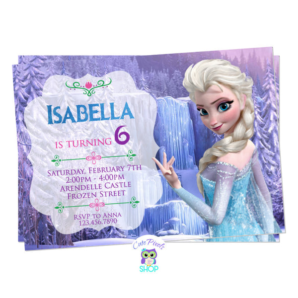 Frozen Invitation with a purple Frozen background and Elsa