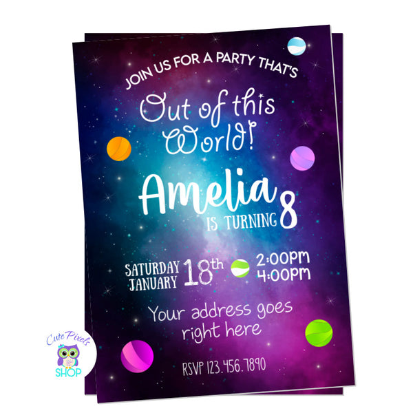 Galaxy invitation for on Out of this world party with a cute Galaxy background, stars and planets!