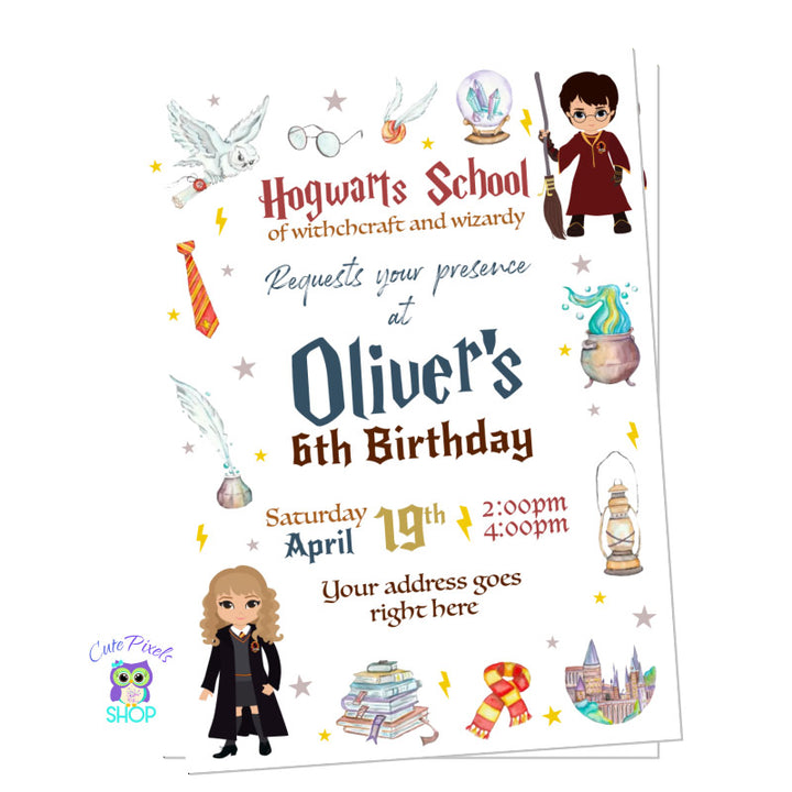 Harry Potter Birthday invitation with harry Potter, Hermione and lots of Harry Potter graphics perfect for a cute Harry Potter fan. White Design