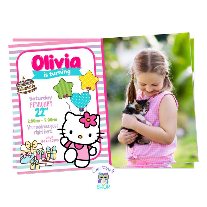 Hello Kitty Invitation with Hello Kitty on pink, cake, gifts and cute colors, perfect for a Hello Kitty fan. Includes child's photo