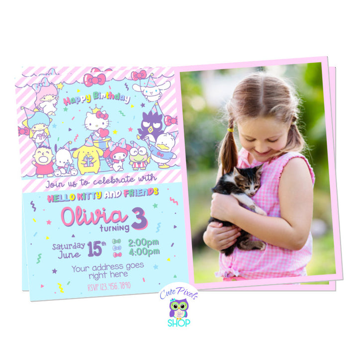 Hello Kitty and friends invitation with a light blue background and multiple Sanrio characters. Includes child's photo