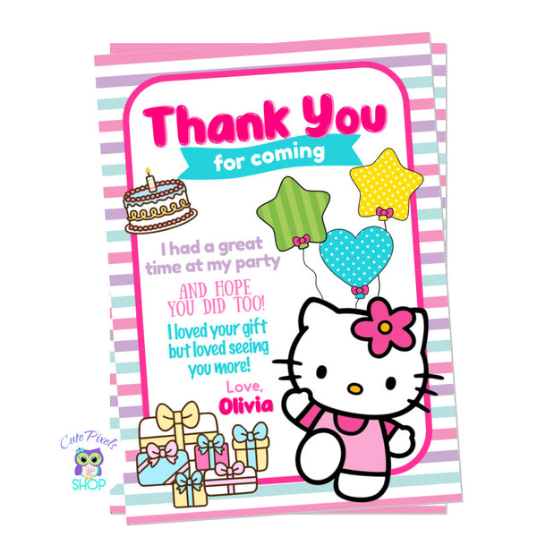 Hello Kitty Thank You Card with cute colors, cake and gifts and Hello Kitty in pink.