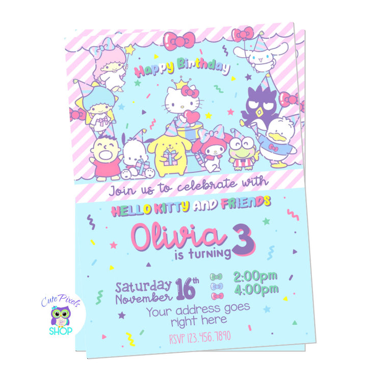 Hello Kitty and friends invitation with a light blue background and multiple Sanrio characters.