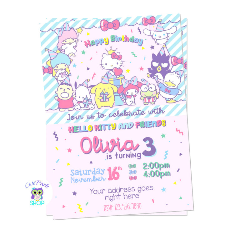 Hello Kitty and friends invitation with a light pink background and multiple Sanrio characters.