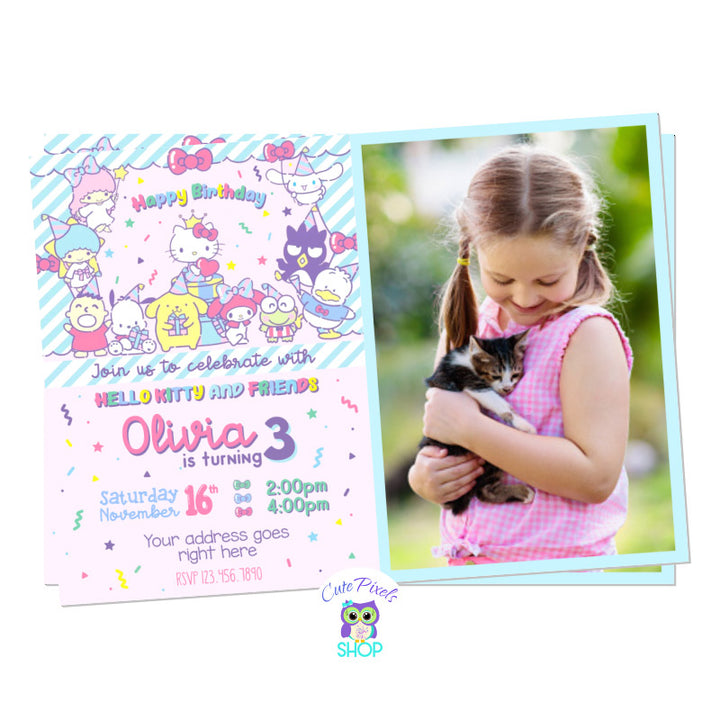 Hello Kitty and friends invitation with a light pink background and multiple Sanrio characters. Includes Child's photo