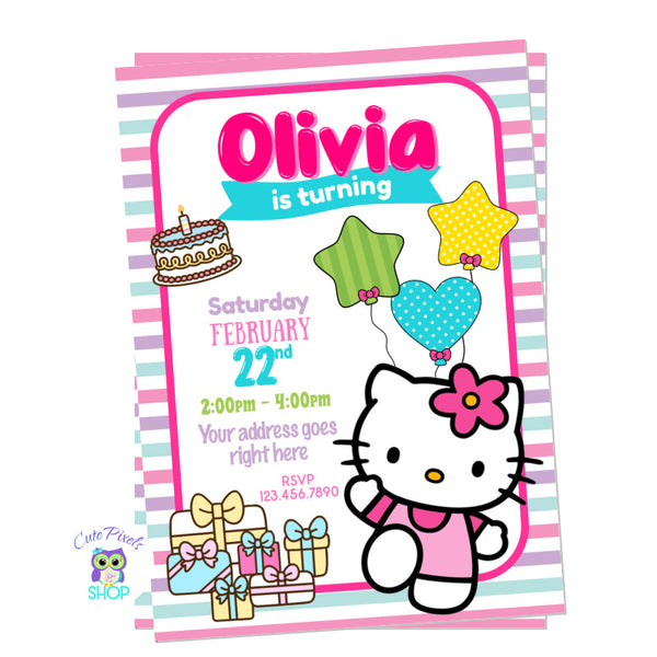 Hello Kitty Invitation with Hello Kitty on pink, cake, gifts and cute colors, perfect for a Hello Kitty fan.