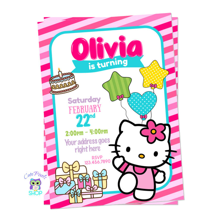 Hello Kitty Invitation in pink colors with Hello Kitty, gifts and cake. Perfect for a Hello Kitty fan.