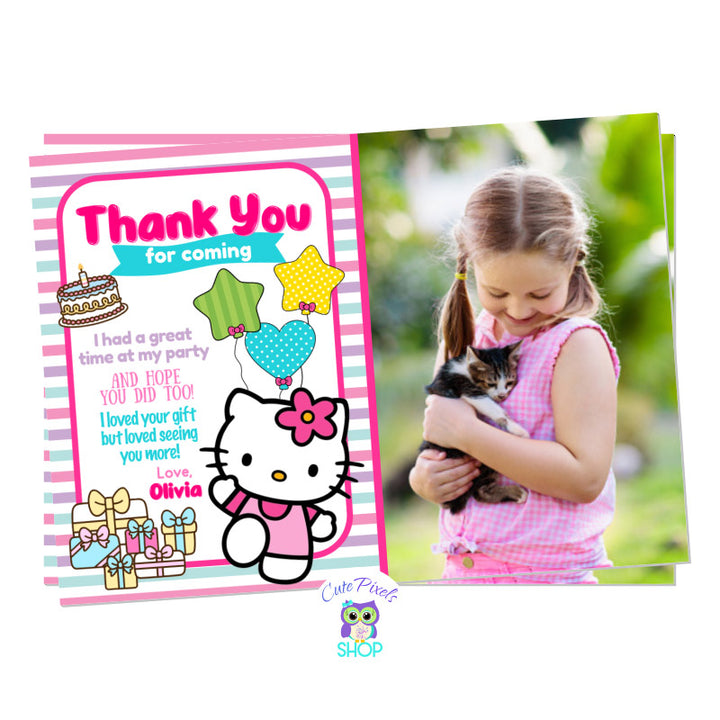 Hello Kitty Thank You Card with cute colors, cake and gifts and Hello Kitty in pink. Includes child's photo